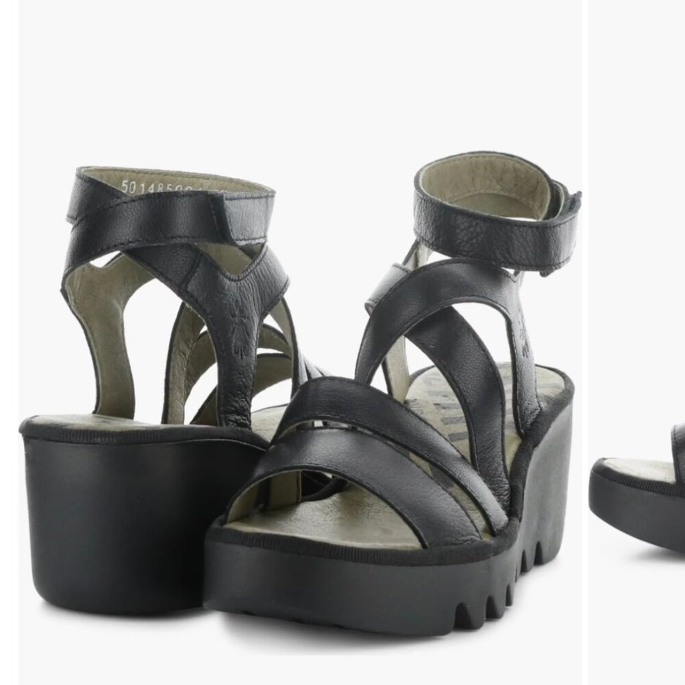 Fly London Black Leather Platform Wedge Sandals